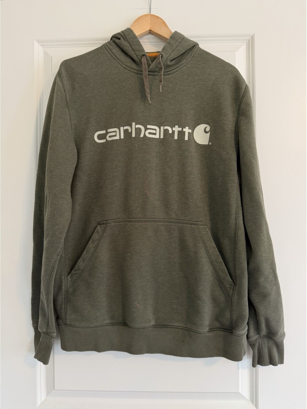 Carhartt Signature Logo Hoodie Men’s M Olive Green Pullover Sweatshirt Workwear